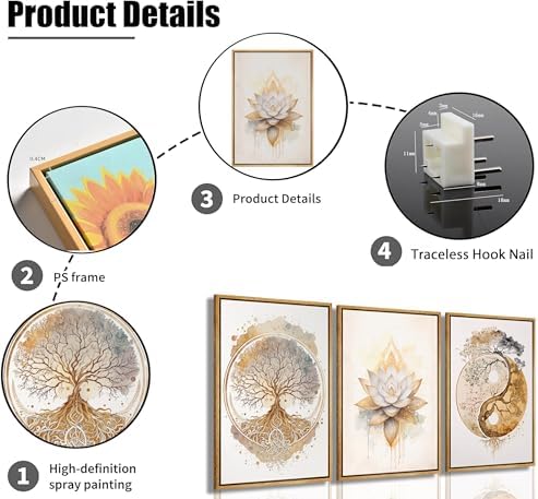 3pcs Framed Tree of Life Canvas Wall Art Gold Lotus Zen Painting Picture Wall - Image 4