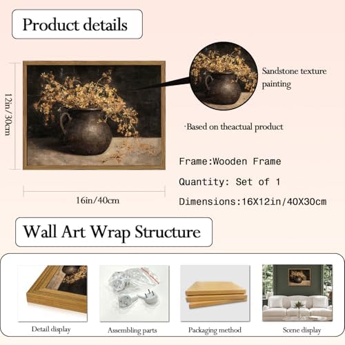 Framed Vintage Floral Wall Art, 3D Textured Sandstone Dark Still Life Flowers - Image 5