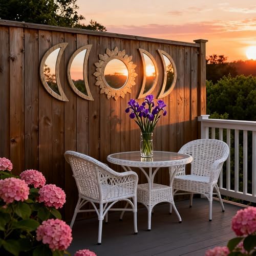 5 Pieces Moon Phase Mirror Wall-Mounted Wall Decor Mirrors Natural Wooden - Image 7