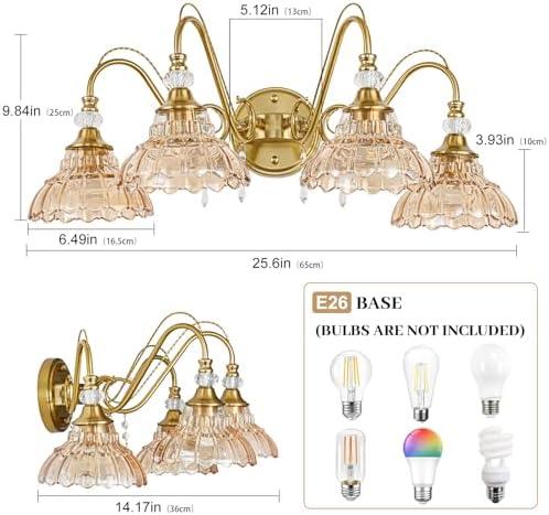 Vintage Bathroom Vanity Light, 4-Light Brushed Gold Finish Wall Sconce - Image 6