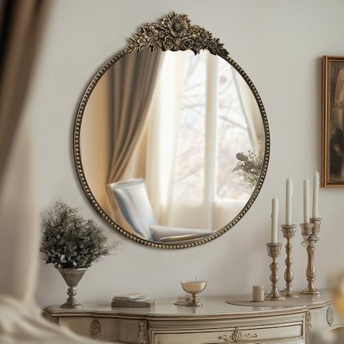 Vintage Round Mirror, Antique Metal Frame Wall Mirror, Traditional Art Home - Image 5
