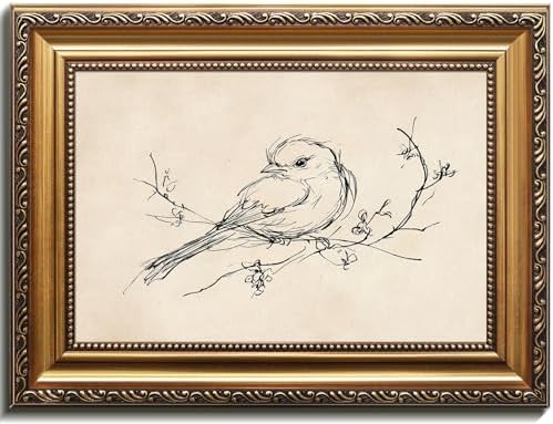 uniro Vintage Gold Framed Wall Art, Minimalist Bird Sketch Canvas Art Prints by uniro