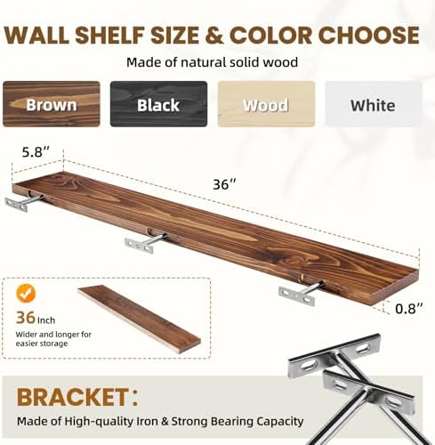 36x5.8x0.8in Floating Wall Shelves Rustic Solid Wood 2-Pack - Image 3
