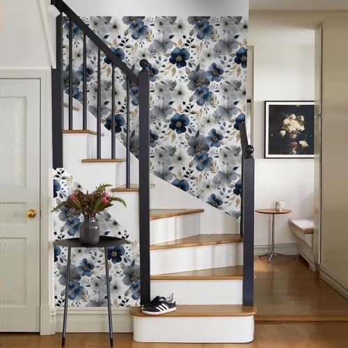 Ink Navy Grey Modern Peony Floral Peel and Stick Wallpaper Wall Decor Self - Image 6