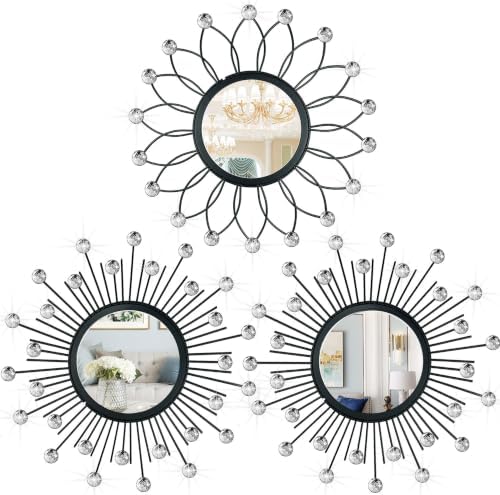 3 Pack Metal Mirrors for Wall Sunburst Wall Mirror Black Crystal Wall Art by Uaussi