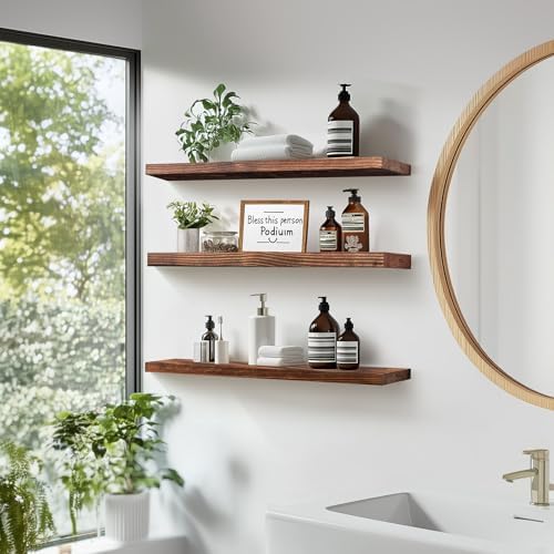 24x5.8x0.8in Floating Wall Shelves Rustic Solid Wood 3-Pack - Image 2