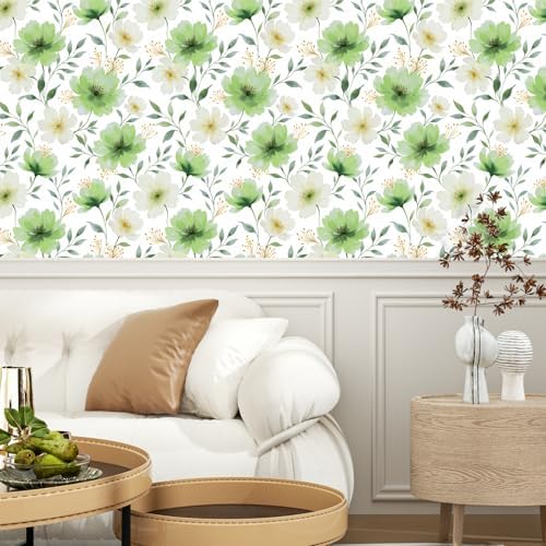 ILHIIOR Green/White Floral Peel and Stick Wallpaper Boho 17.5 x118 Inches - Image 4