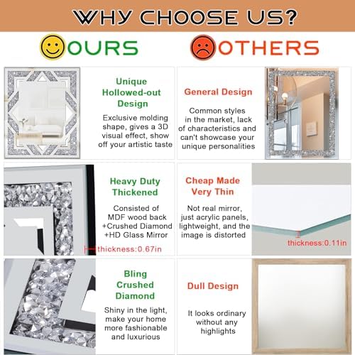 Rectangular Hollow Crushed Diamond Decorative Mirror, 17”x21.6“ Silver Crushed - Image 6