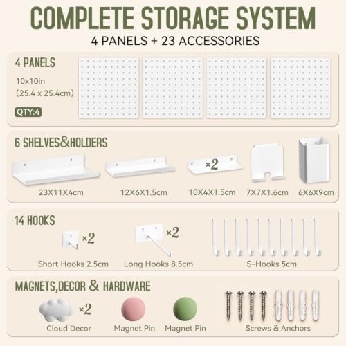 Magnetic Metal Pegboard Wall Organizer Kit, 4 Pack 10 x 10 in Panels White - Image 4