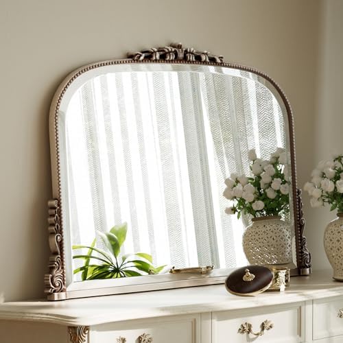 Wall Beaded Mirror, 36 x 27 Inch Round Top Right Angle Wall Mirror, Tempered by Unknown