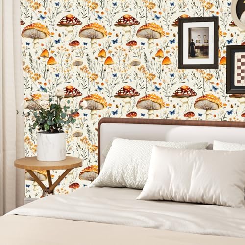 BOKEBEVE Mushoroom Wallpaper Peel and Stick Boho Beige Yellow 17.5 x 118In - Image 4