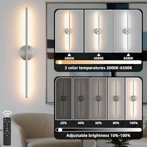 Battery Operated wall Sconce Set of 2, Brushed Nickel 27.5" LED USB - Image 5