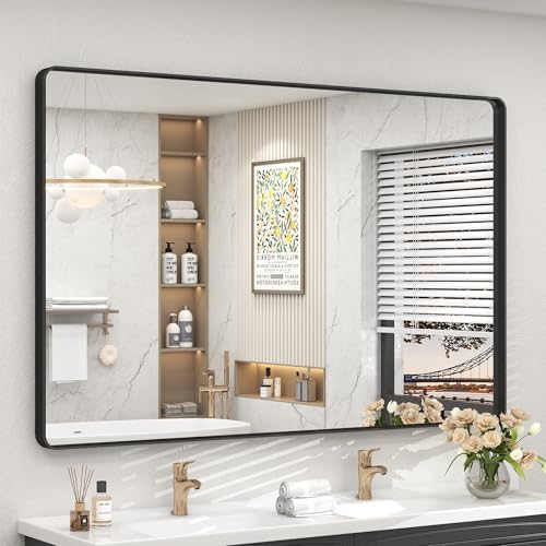 55x40 Inch Black Metal Framed Bathroom Mirror by CHARMOR