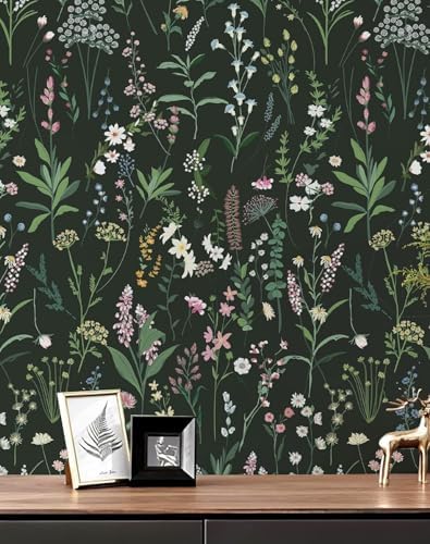 JiffDiff Dark Green Botanical Floral Peel and Stick Wallpaper 17.3" x 1181" by wallpaper