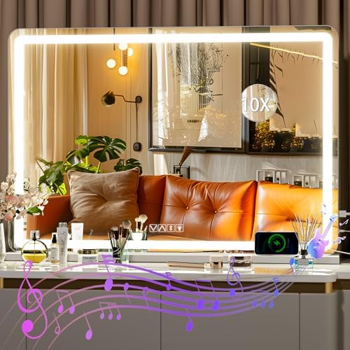 Hasipu Vanity Mirror with Lights and Bluetooth Speaker, 37.4" x 25.6" LED by Whatssuitableisthebest