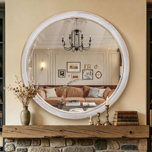 30 Inch Wooden Round Mirror for Wall Decor, Rustic Distressed Mirrors by BaroqueFarmhouseWallMirro