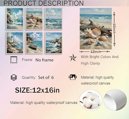 KYSNGMT Coastal Wall Art Set of 6 Beach Pictures Unframed - Image 5