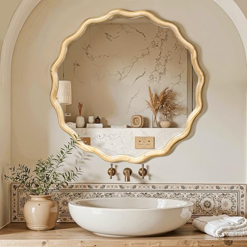 Round Wood Wavy Mirror for Wall by Unknown