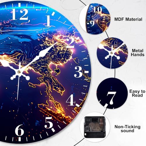 12" Silent Wall Clock, Round Wall Clock, Earth Night View - Image 3