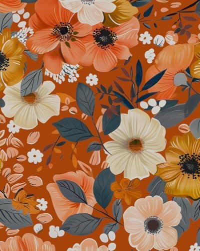 BOKEBEVE Floral Wallpaper Peel and Stick Boho Vintage Orange 17.5 x 393.5In by BOKEBEVE