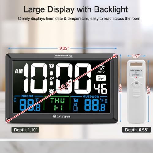 Digital Wall Alarm Clock with Large Display, Indoor/Outdoor Temp - Image 2
