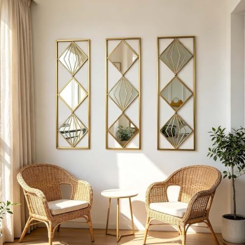 Set of 3 Gold Wall Mirrors, Large Geometric Decorative Mirrors - Image 5