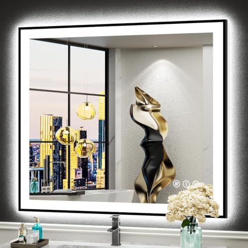 32x36 Black LED Bathroom Mirror, Backlit & Front Lit Lighted Mirror by Awandee