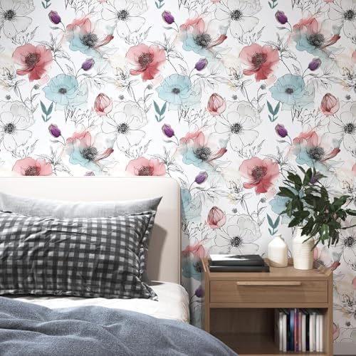 Laatse Blue Pink Watercolor Floral Peel and Stick Wallpaper 17.5"x393" - Image 7