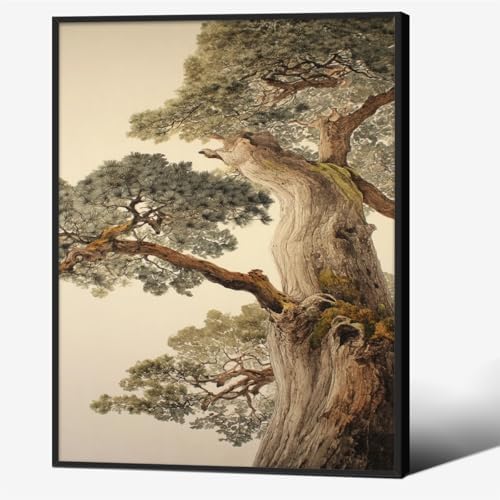 Vintage Japanese Pine Tree Black Framed Wall Art Oriental Asian Tree Canvas by Unknown