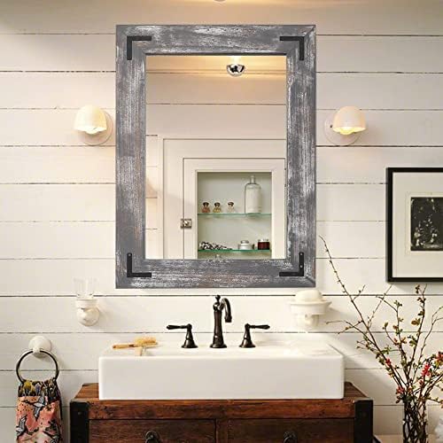 YOSHOOT Rustic Wooden Framed Wall Mirror, Natural Wood Bathroom Vanity Mirror by YOSHOOT