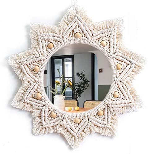 TENEWEE Boho Wall Decor White Macrame Round Hanging Mirror by TENEWEE