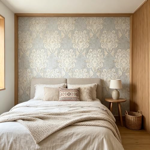 17.3"x118" Antique Grey Damask Peel & Stick Wallpaper, Distressed Textured - Image 3