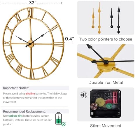 32 Inch Large Silent Wall Clock, Easy Assembly Roman Numeral Gold - Image 2