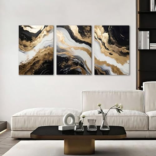 EJPFOGV Triptych Black White Gold Wrapped Canvas Wall Art 16x24 inches x3 - Image 3