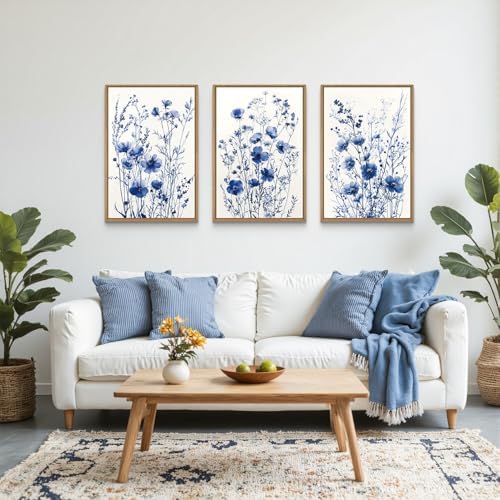 FWIEXA Blue White Wildflower Canvas Wall Art Set of 3, Framed Navy Chinoiserie - Image 2