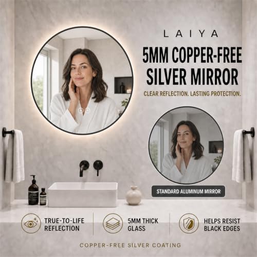 LAIYA 24in Round LED Bathroom Mirror Black Frame Backlit Anti-Fog Dimmable - Image 6
