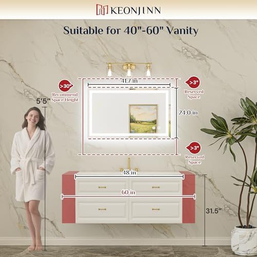 Keonjinn 40 x 24 Inch Beveled Lighted Bathroom Mirror, Frontlit and Backlit - Image 3