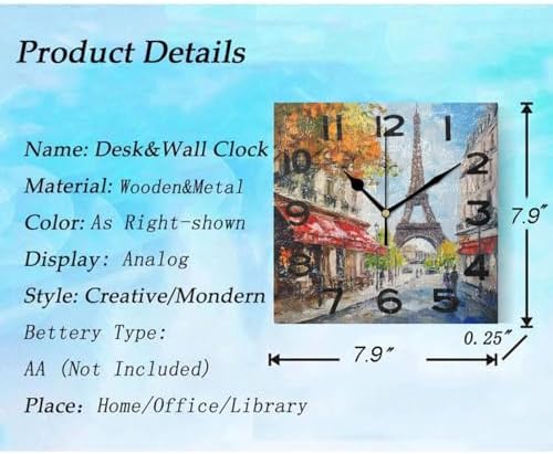 8 Inch Square Wall Clock, Colors Streetscape Paris Eiffel Tower Painting Non - Image 3