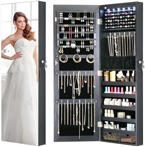 LED Jewelry Cabinet Armoire Organizer, Wall/Door Mount Jewelry Organizer and by MASMIRE
