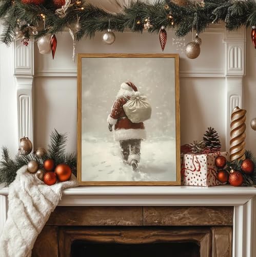 Framed Vintage Christmas Canvas Wall Art, Rustic Santa Claus Walking Snowy Wall - Image 2