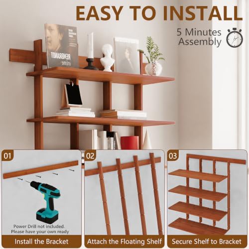 Lauxery 4-Tier Bamboo Wall Mounted Bookshelf, Rustic Brown, 43x53 in - Image 4