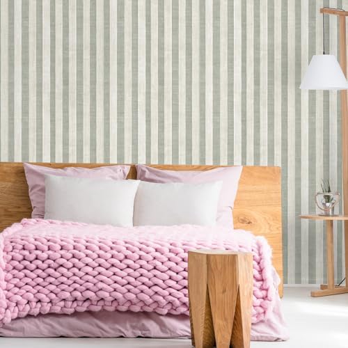 Sage Green and Cream White Textured Striped Peel and Stick Wallpaper, Self - Image 6