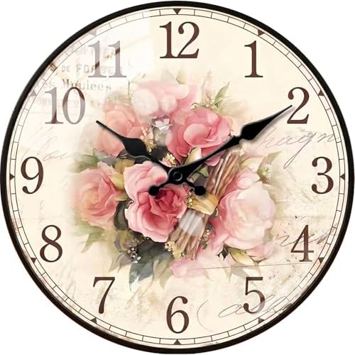 12in Wooden Floral Wall Clock Battery Operated Silent Home Decor by Unknown