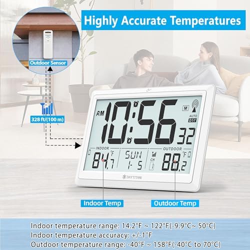 Atomic Clock Wall with Indoor/Outdoor Temp & 10.5" Large LCD Display - Image 3