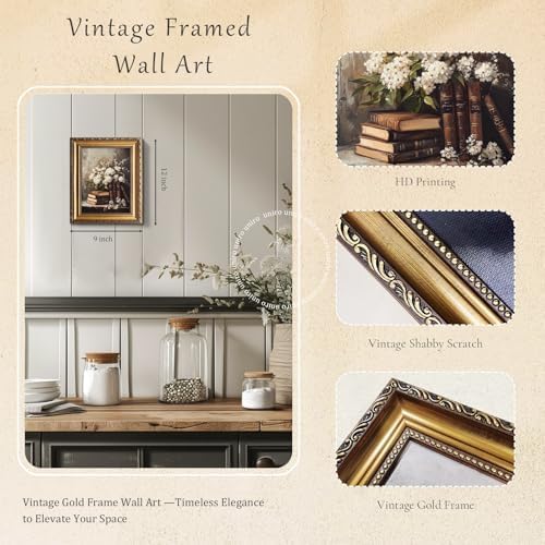 uniro Vintage Gold Framed Wall Art, Moody Books and Flowers Canvas Art Prints - Image 2
