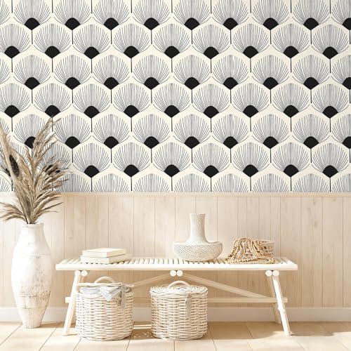 VEELIKE Beige and Black Geometric Peel and Stick Wallpaper Boho Fan Pattern - Image 5