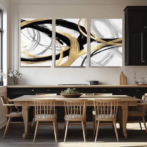 DUWQU Triptych Black Gold White abstract Lines Canvas Wall Art 16x24 in x3 - Image 4