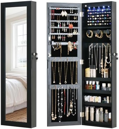 Full Length Mirror Jewelry Cabinet Organizer Lockable Door Wall-Mounted Jewelry by MASMIRE