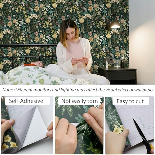 197’’17.3’’Floral Peel and Stick Wallpaper Boho Vintage Dark Green - Image 2