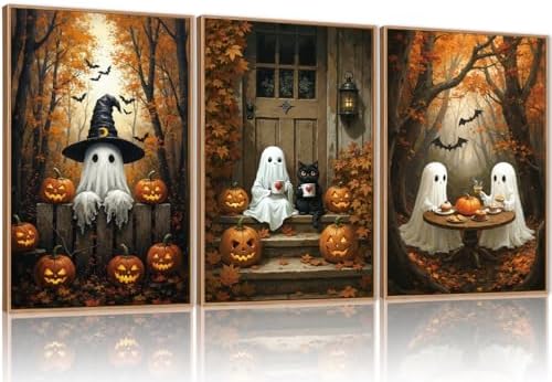 FWIEXA Halloween Cute Ghost Pumpkins Canvas Wall Art Set of 3, Vintage Witchy by FWIEXA